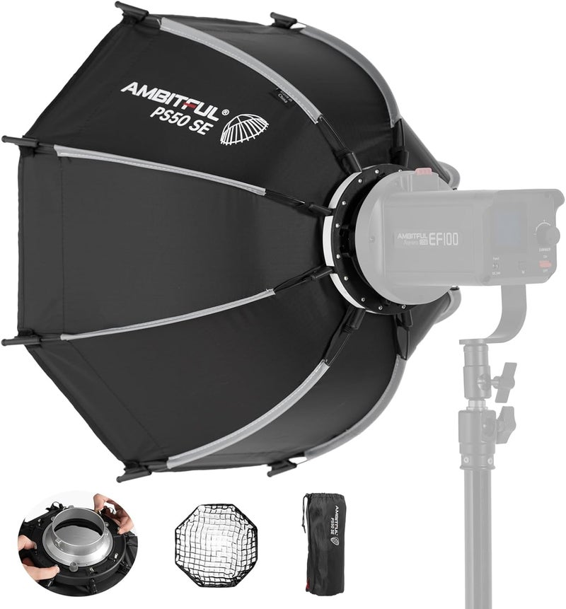 AMBITFUL 19.6"/50 سم صندوق ضوء صغير على شكل ثماني مع قاعدة بوانز، صندوق ضوء سريع الإطلاق مع موزعات/شبكة خلوية/حقيبة، صندوق ضوء صغير متوافق مع إضاءة استوديو الفيديو من جودوكس أبتشر (PS 50 SE) - Image 1